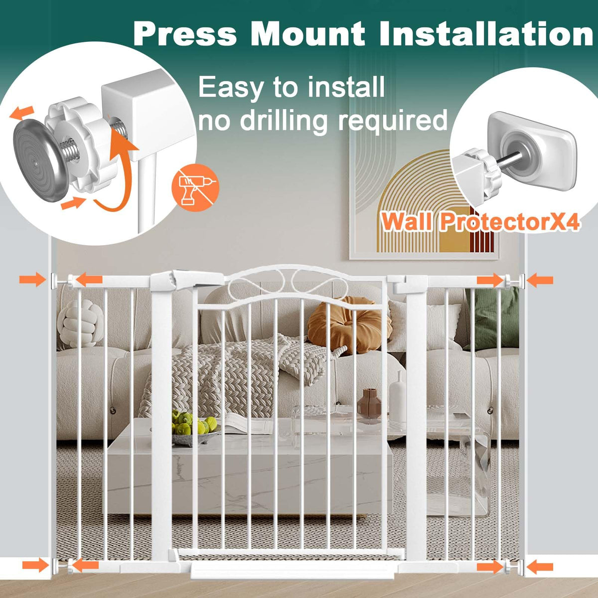 81.9-84.6" Extra-Wide No-Drill Pressure-Mounted Pet & Child Safety Gate with Dual-Lock Walk-Through Swing Door for Stairs, Hallways & Wide Doorways