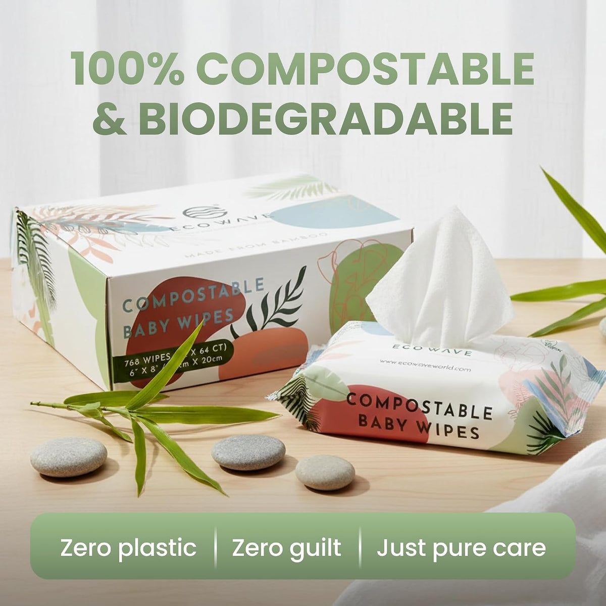 Baby Wipes, 100% Compostable Eco-Friendly Bamboo Wipes, Unscented, Hypoallergenic, Vegan, Alcohol-Free, Suitable For