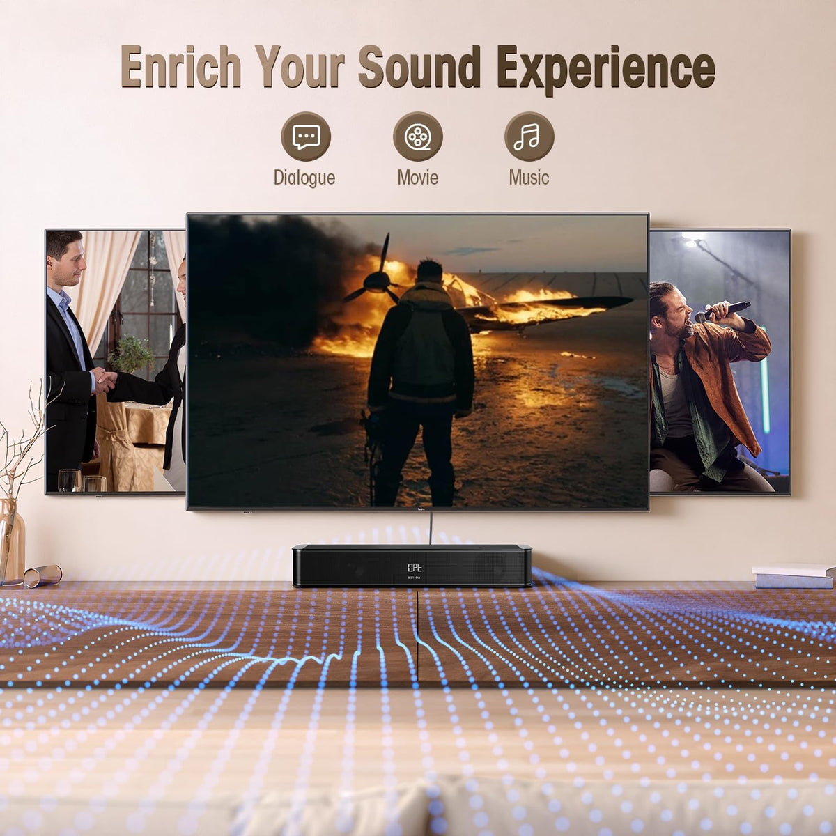 2.1ch Sound Bar with Built-in Subwoofer, 100W Peak Power, HDMI ARC/Opt/AUX/USB/Bluetooth 5.3, 3 EQ Modes & Volume