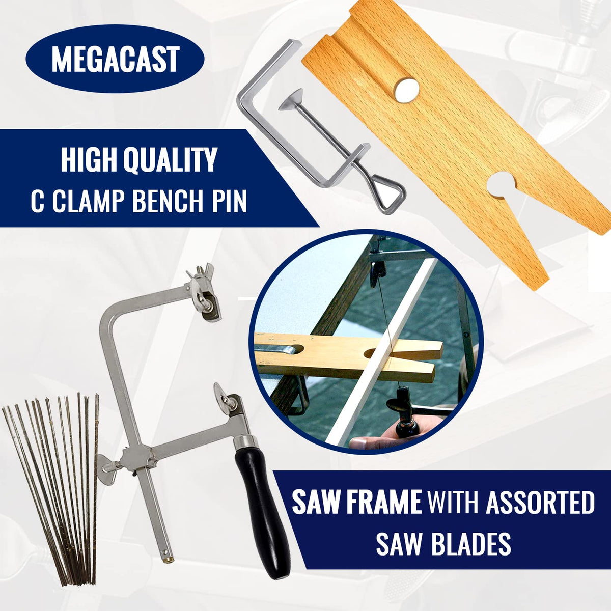 Megacast 3 in 1 Professional Jeweler's Saw Set Saw Frame 144 Blades Wooden Pin Clamp Wood Metal