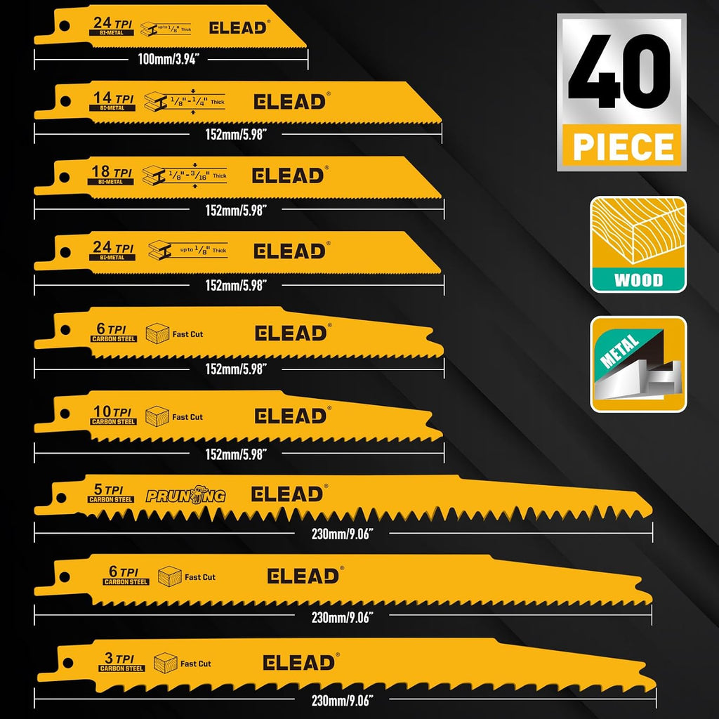 40-Piece Bi-Metal Reciprocating Saw Blade Set, Premium 4 & 6 & 9 Inch Wood & Metal Cutting Saw Blades with Storage Pouch, Long-Lasting Pruning Blades
