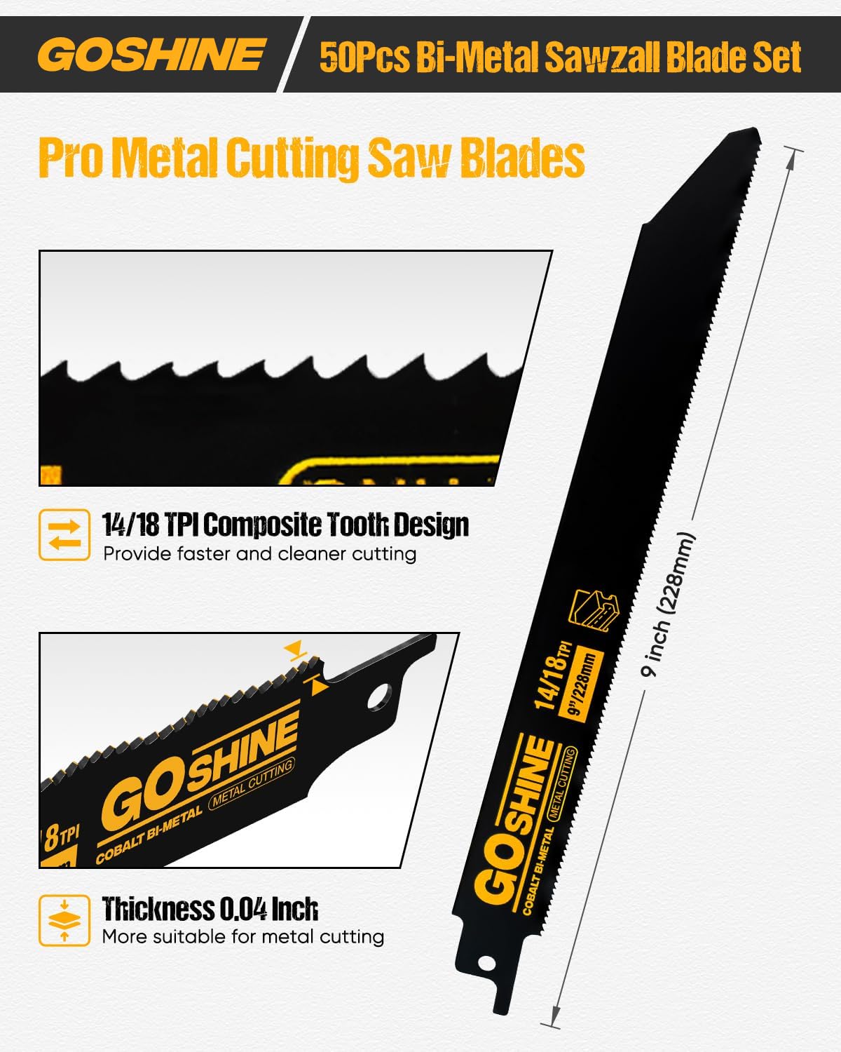 50 Pack 9 inch 14/18TPI Reciprocating Saw Blades, M42 Teeth with Cobalt Bi-Metal Blades,for Automatic Dismantling Sawzall Blades for 1/16-5/16 Medium Metals