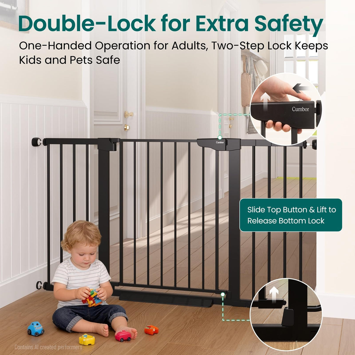 30-54" Extra-Wide Adjustable Hardware/Pressure-Mounted Pet & Child Safety Gate with Auto-Close Walk-Through Door for Stairs, Hallways & Wide Doorways — Black