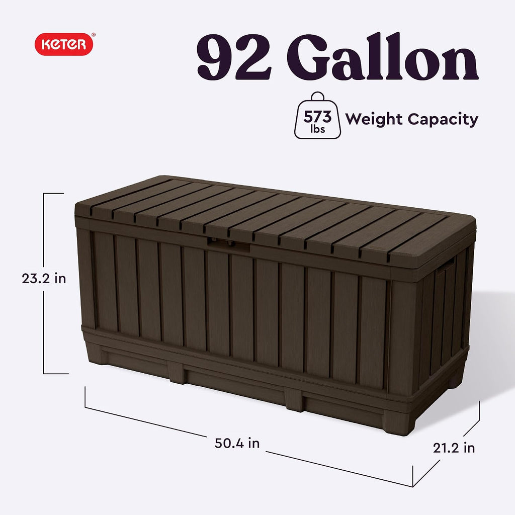 Kentwood 92 Gal Outdoor Storage Box for Patio and Pool Accessories | Brown, Resin, Large, Weatherproof, Lockable