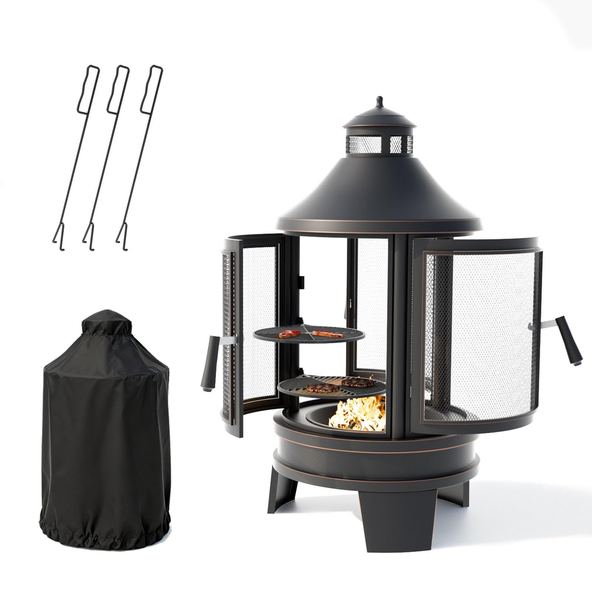 2 in 1 Metal Chimenea with Grill, Outdoor Fire Pit with Adjustable Grill Tray 3-Door Design Spark Screen Door