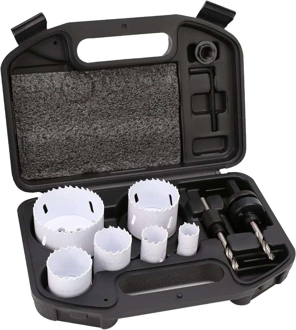 Amazon Basics 9-Piece Bi-Metal High Speed Steel Hole Saw Kit for Cutting Holes in Metal, Plastic, Plasterboard with Carrying Case, 25/32" to 2-11/16", Black
