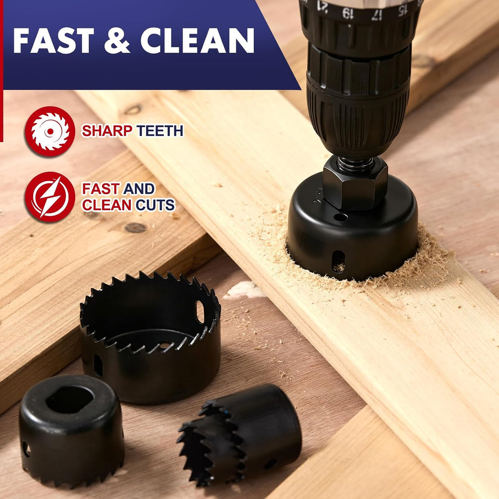 HIDOTOL 8PC Hole Saw Kit 1" to 2-1/8"(25-54mm) in Case with Drill Bits, Mandrels and Hex Key, Smooth Cutting for Soft Wood, Plywood, PVC Board