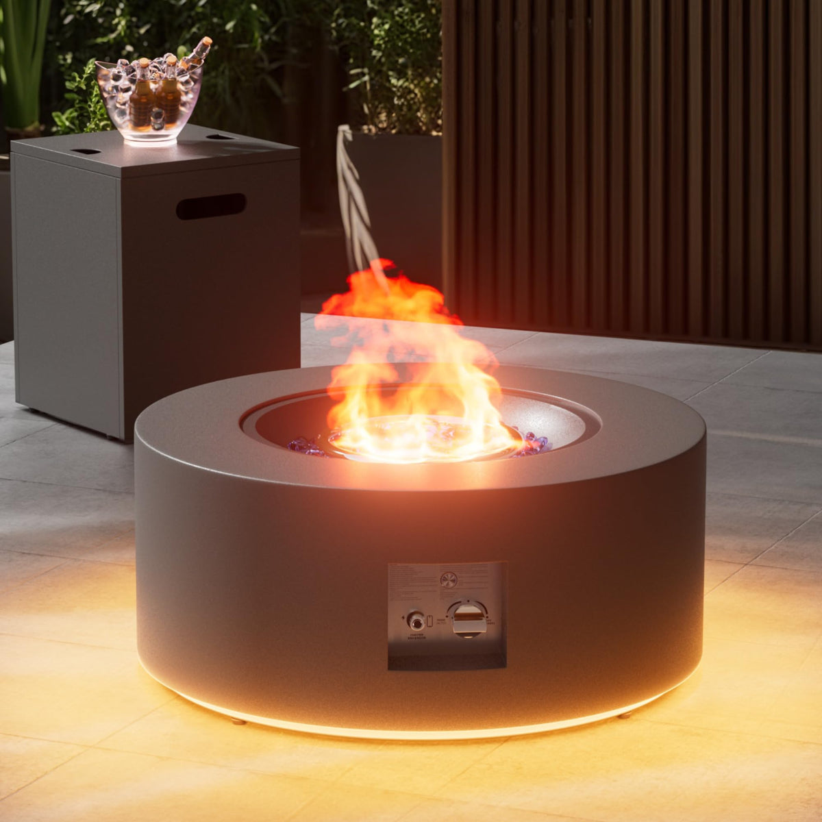 30" Round Outdoor Propane Fire Pit Table with LED for Outside Patio