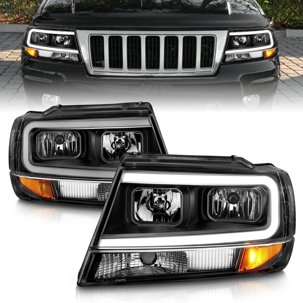 AmeriLite for 1999-2004 Jeep Grand Cherokee LED Light Bar Clear Black Replacement Headlights Set - Driver and Passenger Side