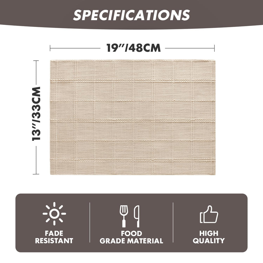 Linen Checked Farmhouse Placemats Set of 6, Neutral Beige 13x19in