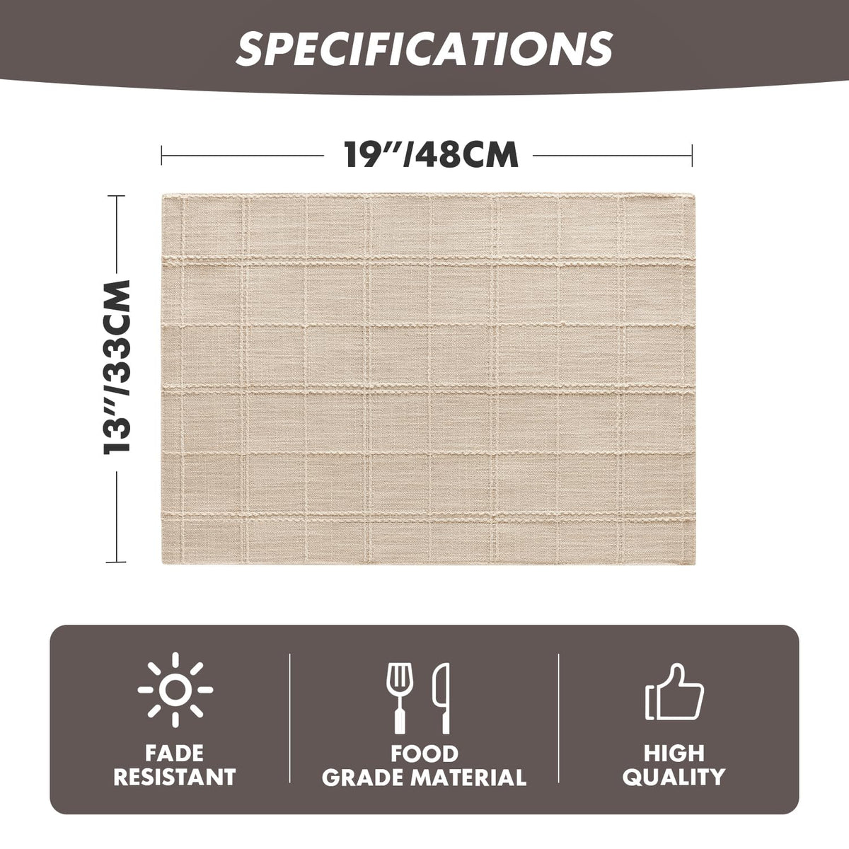 Linen Checked Farmhouse Placemats Set of 6, Neutral Beige 13x19in