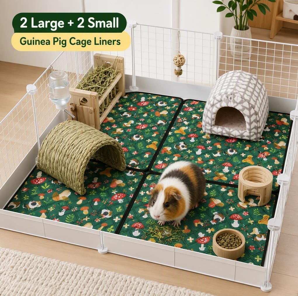 Washable Guinea Pig Cage Liners 4 Pack, Reusable Waterproof Fleece Pee Pads, 2 Sizes 12"x12"+24"x18" Small Animal