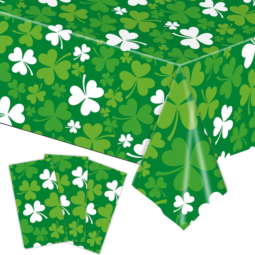 3 PCS St. Patrick’s Day Tablecloth, Green Shamrock Disposable Plastic Rectangle Table Covers for Irish Clover