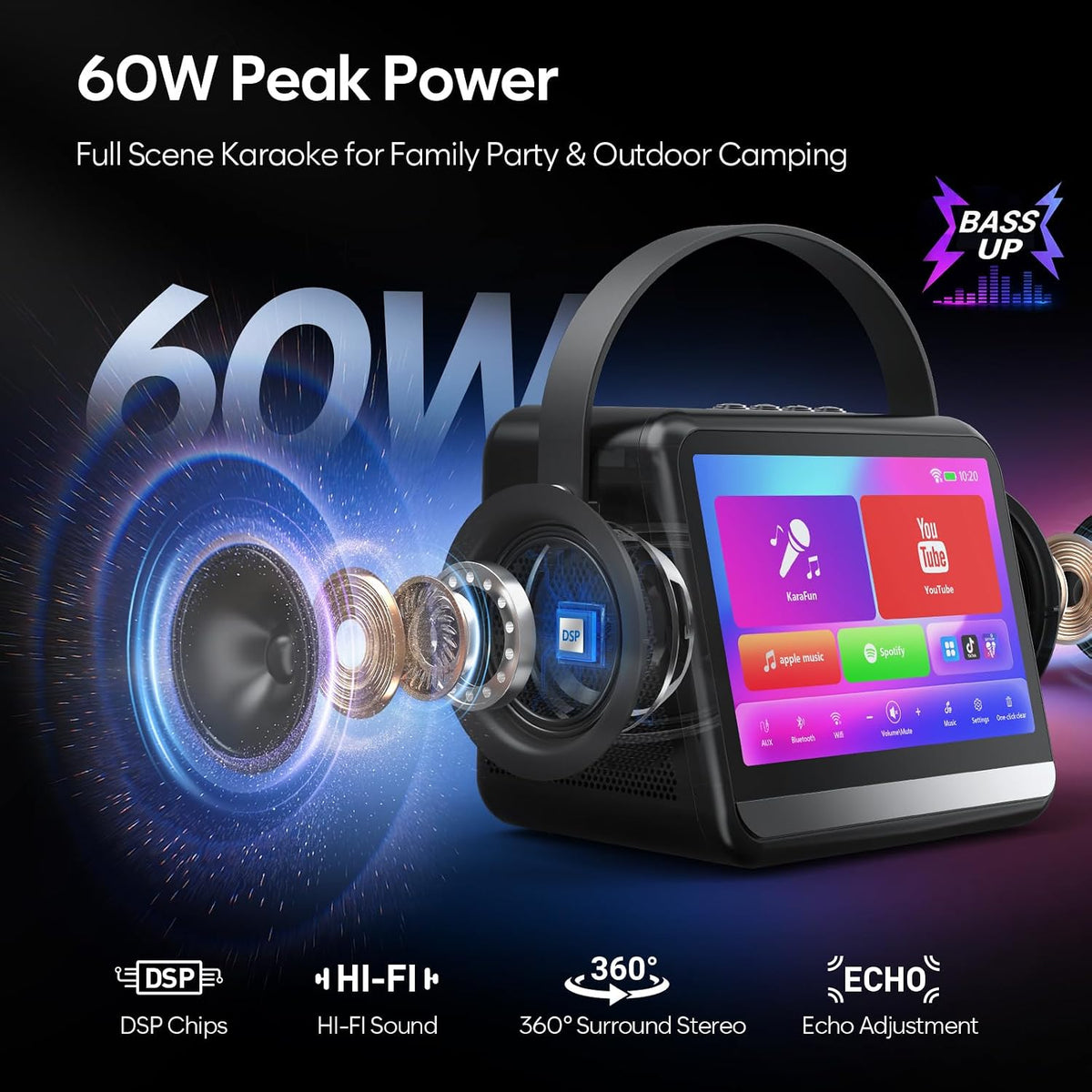 Karaoke Machine with Lyrics Display, Portable Bluetooth Speaker with 7 inch HD Touch Screen, WiFi Karaoke Player with
