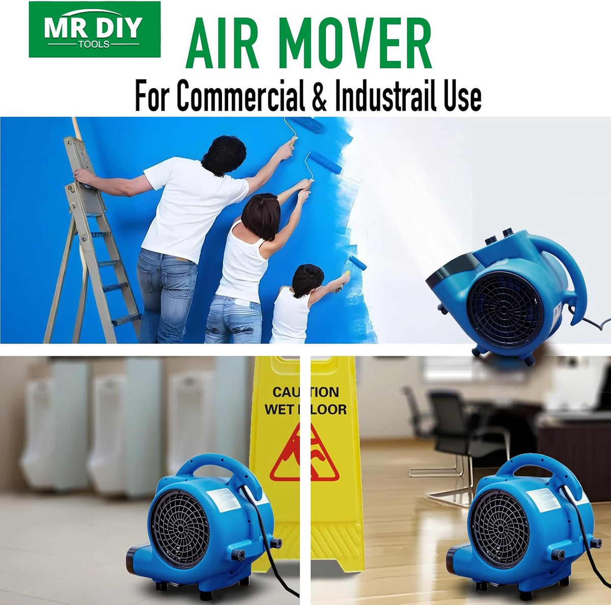 Air Mover, 1/4 HP 1000 CFM Carpet Dryer for Cooling and Ventilating, Portable Floor Blower Fan with 4 Blowing Angles