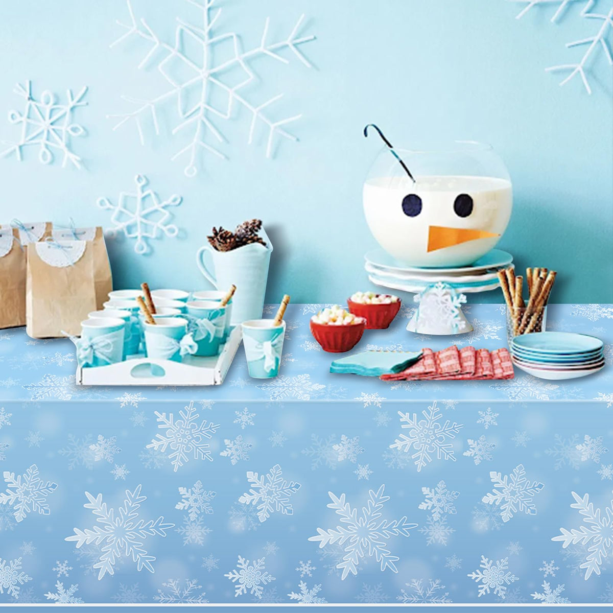 3 Pack Winter Snowflake Plastic Tablecloth Decorations, Light Blue Snowflake Winter Wonderland Disposable Table Cover