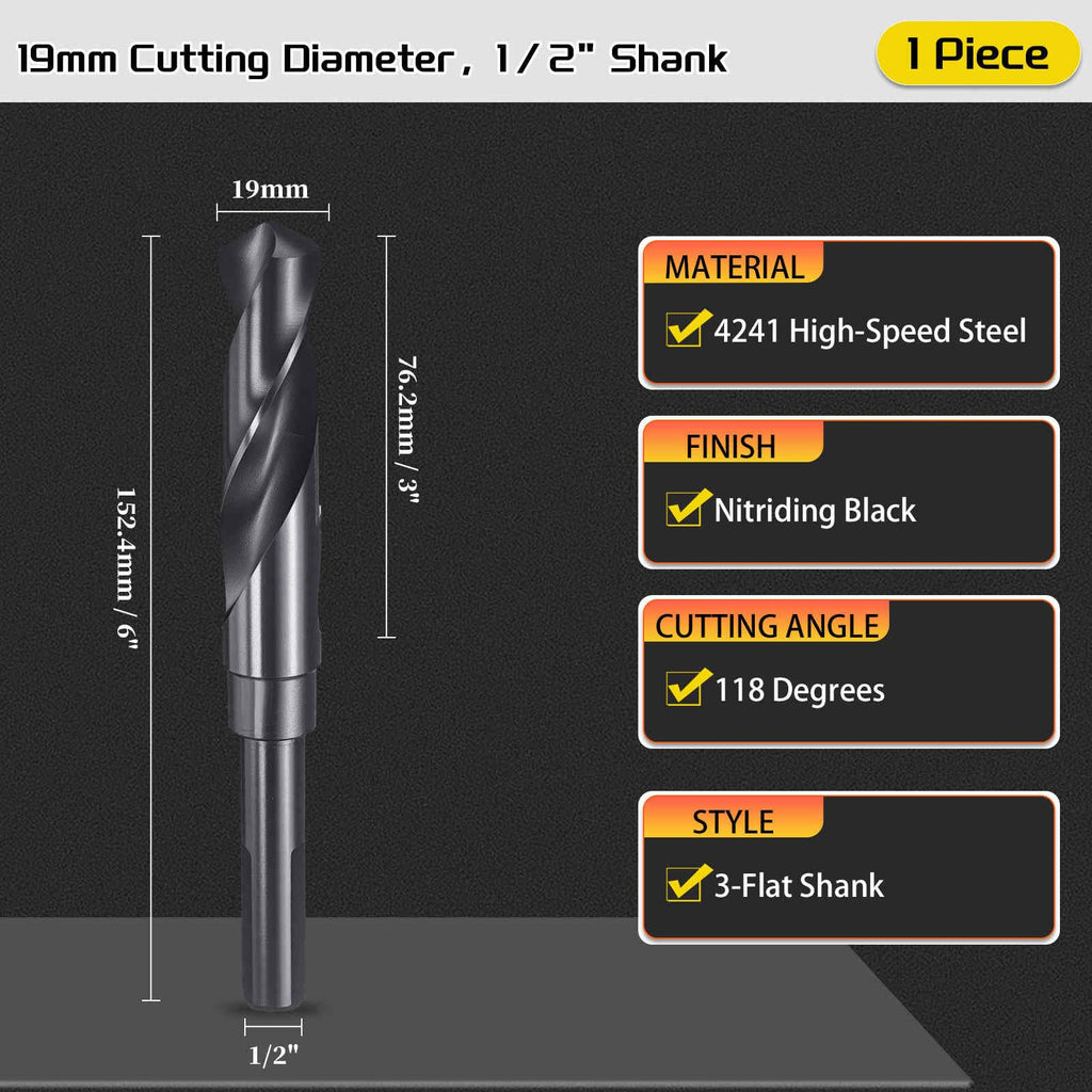 CoCud Drill Bit 19mm Diameter 1/2" Shank 3-Flat 4341 HSS