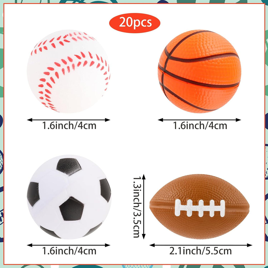 Mini Sport Stress Ball 20 Packs Sport Party Supplies Small Foam Anxious Toy Baseball Basketball Football Soccer