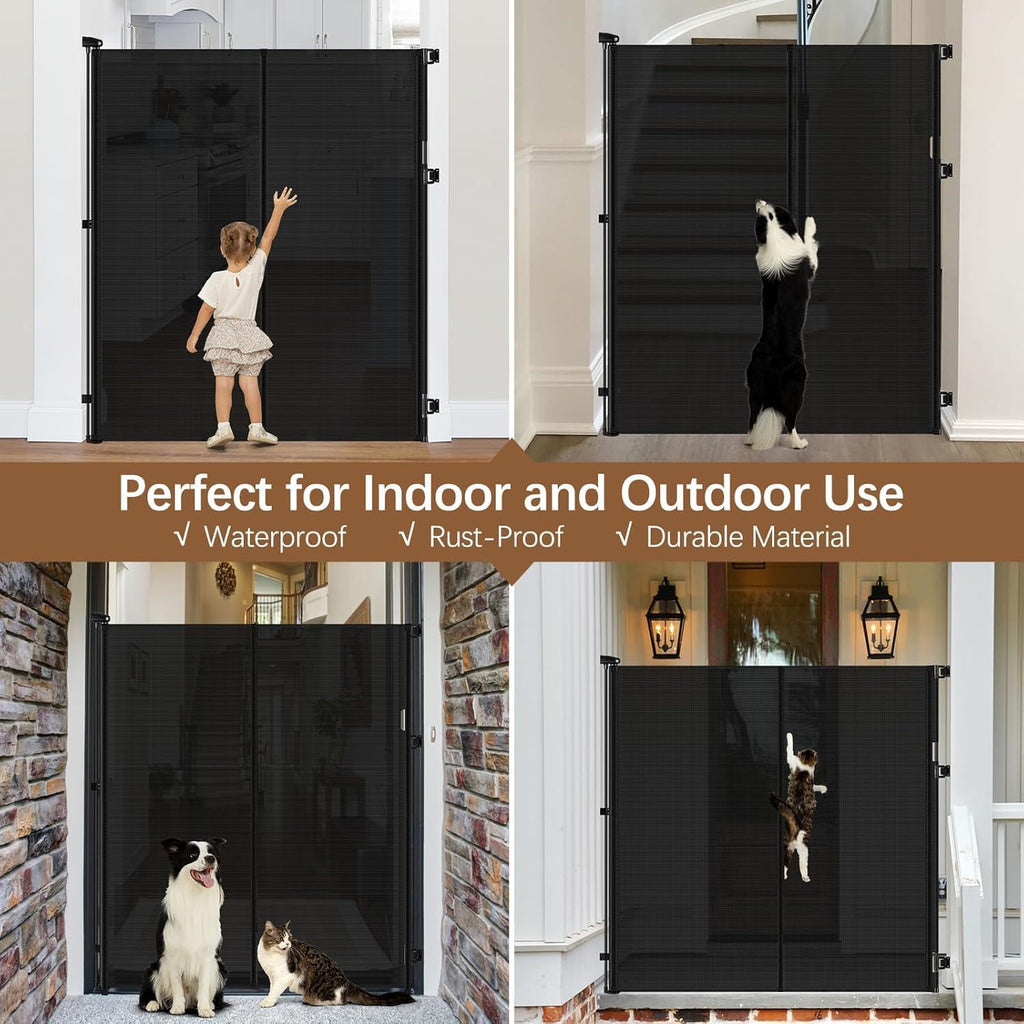 60" x 55" Wide Extra-Wide Retractable Indoor Mesh Pet & Child Safety Gate with One-Hand Safety Lock for Wide Openings, Patios & Stairways — Black