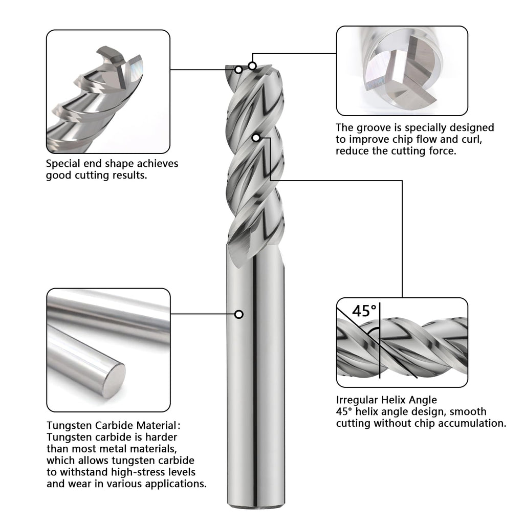 AYCHOLIZ 1/4" Carbide Square End Mills Set 3 Flute CNC Professional Mill Bits Sets for Aluminum, Copper, Magnesium Alloys Applications