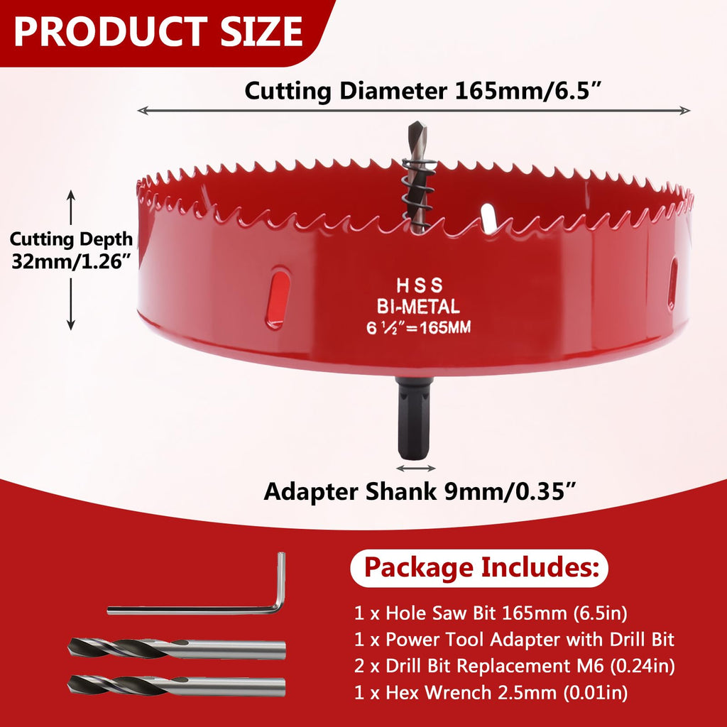 6.5 Inches/165mm Bi-Metal Hole Saw with Pilot Bit & Arbor