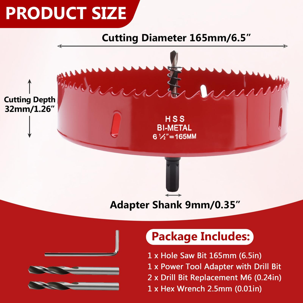 6.5 Inches/165mm Bi-Metal Hole Saw with Pilot Bit & Arbor