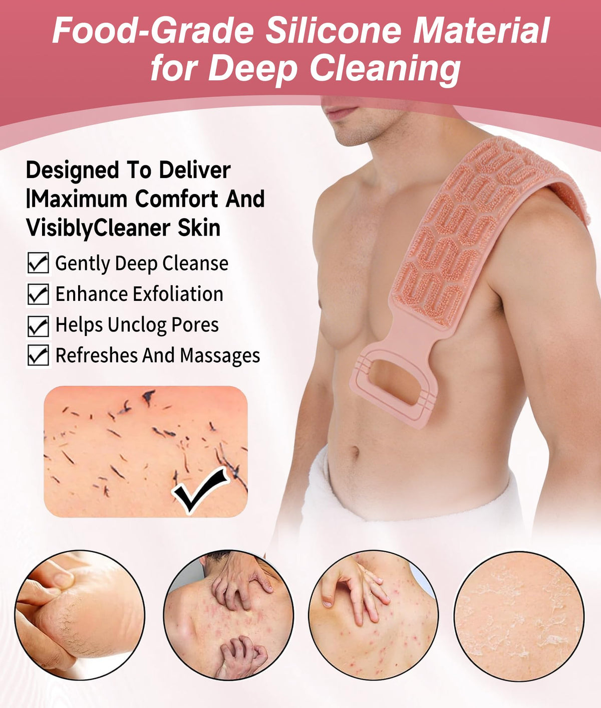 Silicone Back Scrubber - Exfoliating Back Scrubber with Handles,Double-Sided Exfoliating Wash Bath Tool for Use in