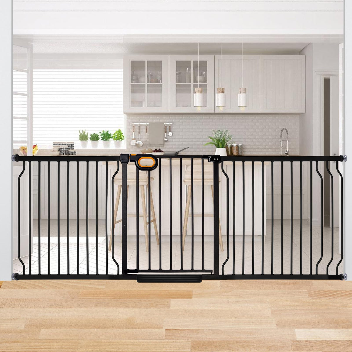 85" Extra-Wide Adjustable Hardware/Pressure-Mounted Pet & Child Safety Gate with Dual-Lock Walk-Through Swing Door for Stairs, Hallways & Wide Doorways