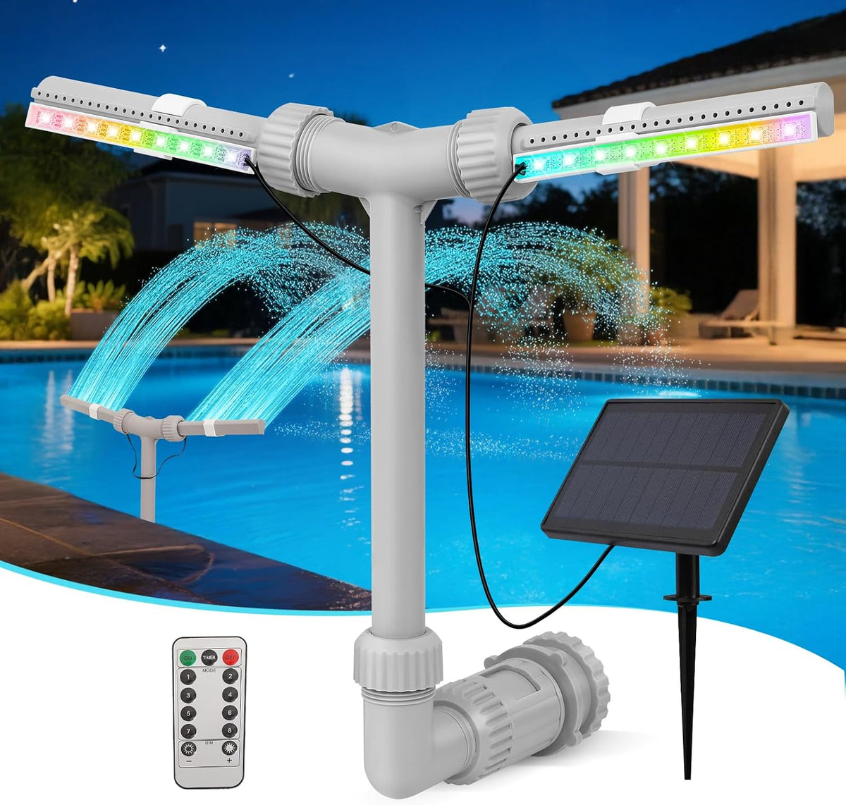 Solar Pool Fountain with Lights - Dual Spray Water Fountains for Above Ground/Inground Pools, High-Pressure Waterfall