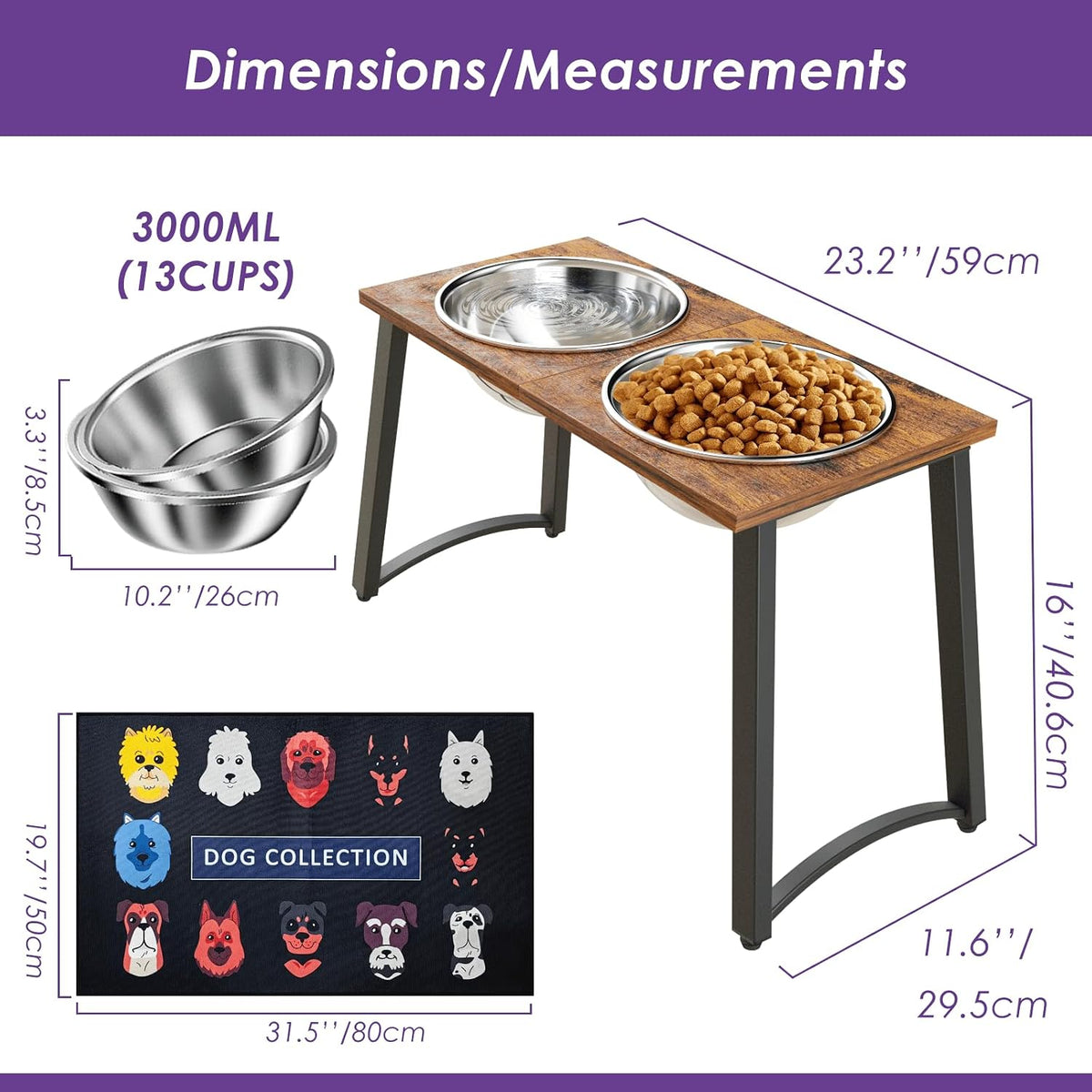 Elevated Dog Bowls for X-Large Dogs with Spill Proof Mat 2 X-Large 3000ML(13CUPS) Stainless Steel Dog Bowls, 16.5"