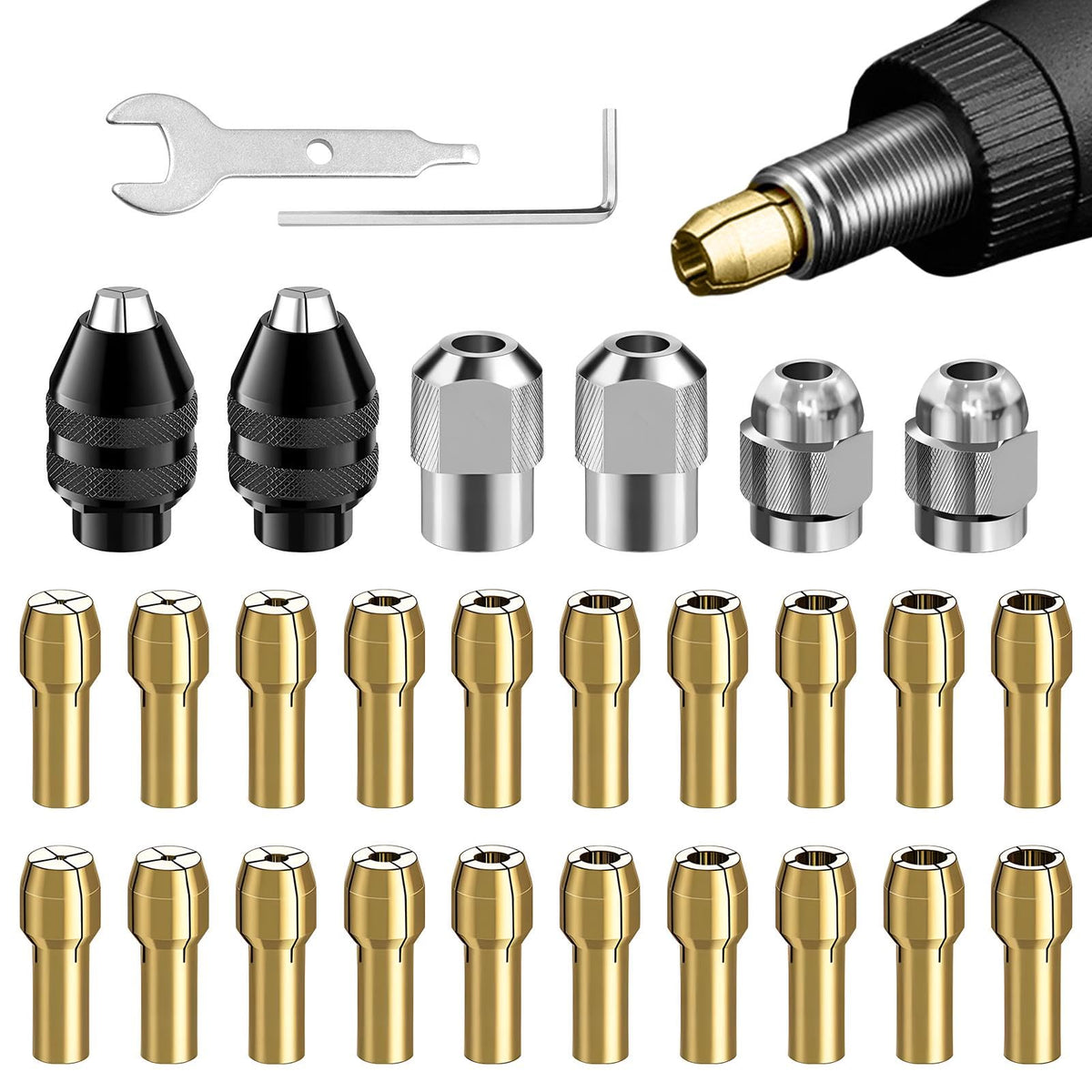 28pcs Drill Chuck Collet Set for Dremel, 1/32" to 1/8" Shank Size Replacement Kit, with 2pcs British 4486 3-jaw Chucks, Quick Change Chuck Rotary Tool Adapter(COLOR:as shown)