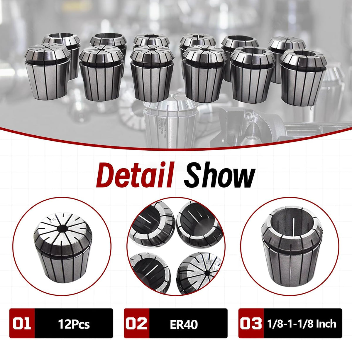 findmall 12Pcs ER40 Collets Common Size 1/8" – 1-1/8" for CNC and Lathe
