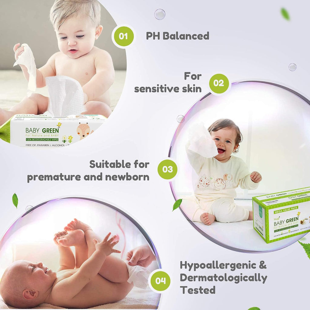 Yugi Green Compostable Baby Wipes, Unscented, Plant-Based, Sensitive Skin