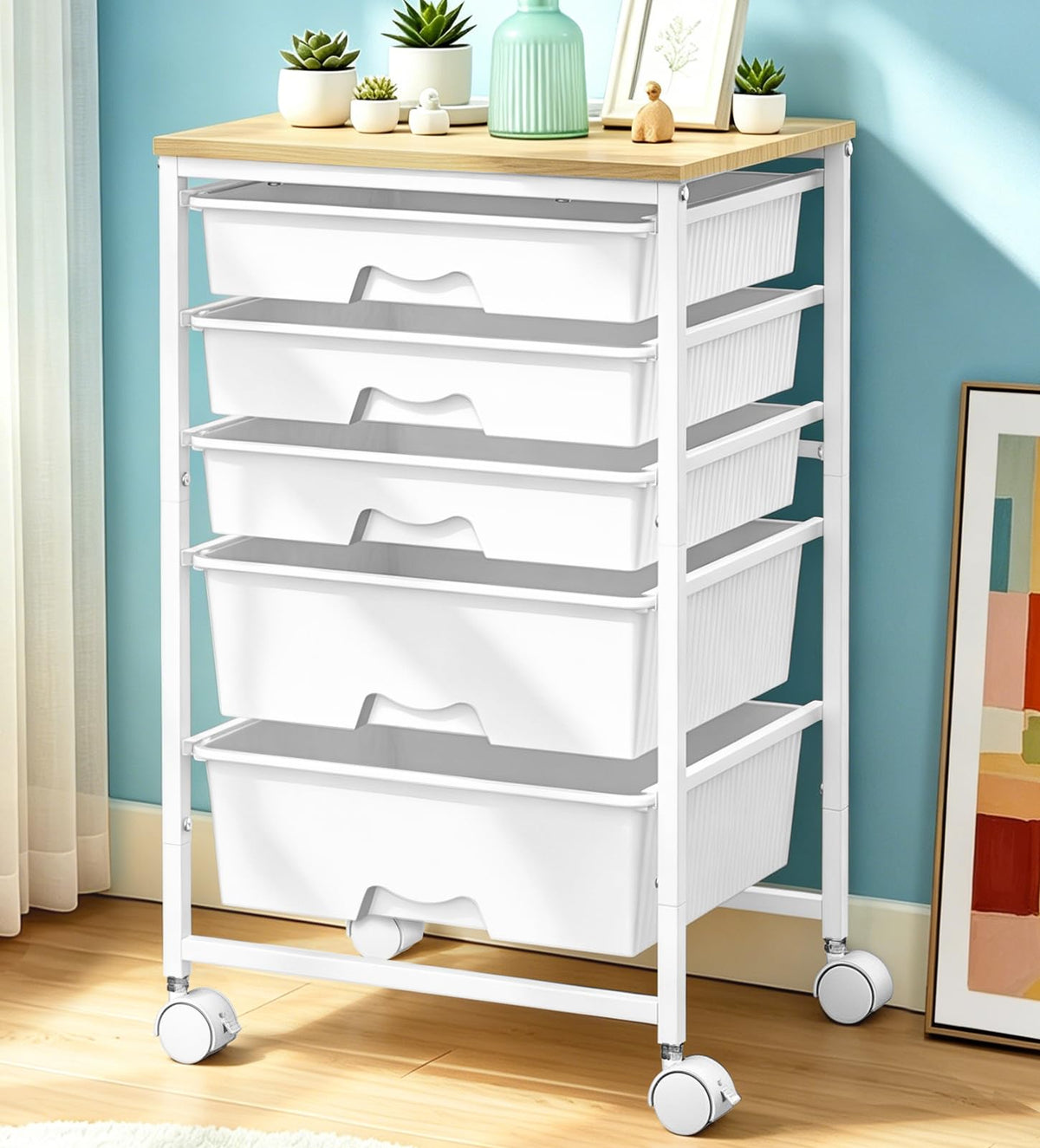 Rolling Carts With 5 Drawers, Storage Drawer Carts for Craft, White
