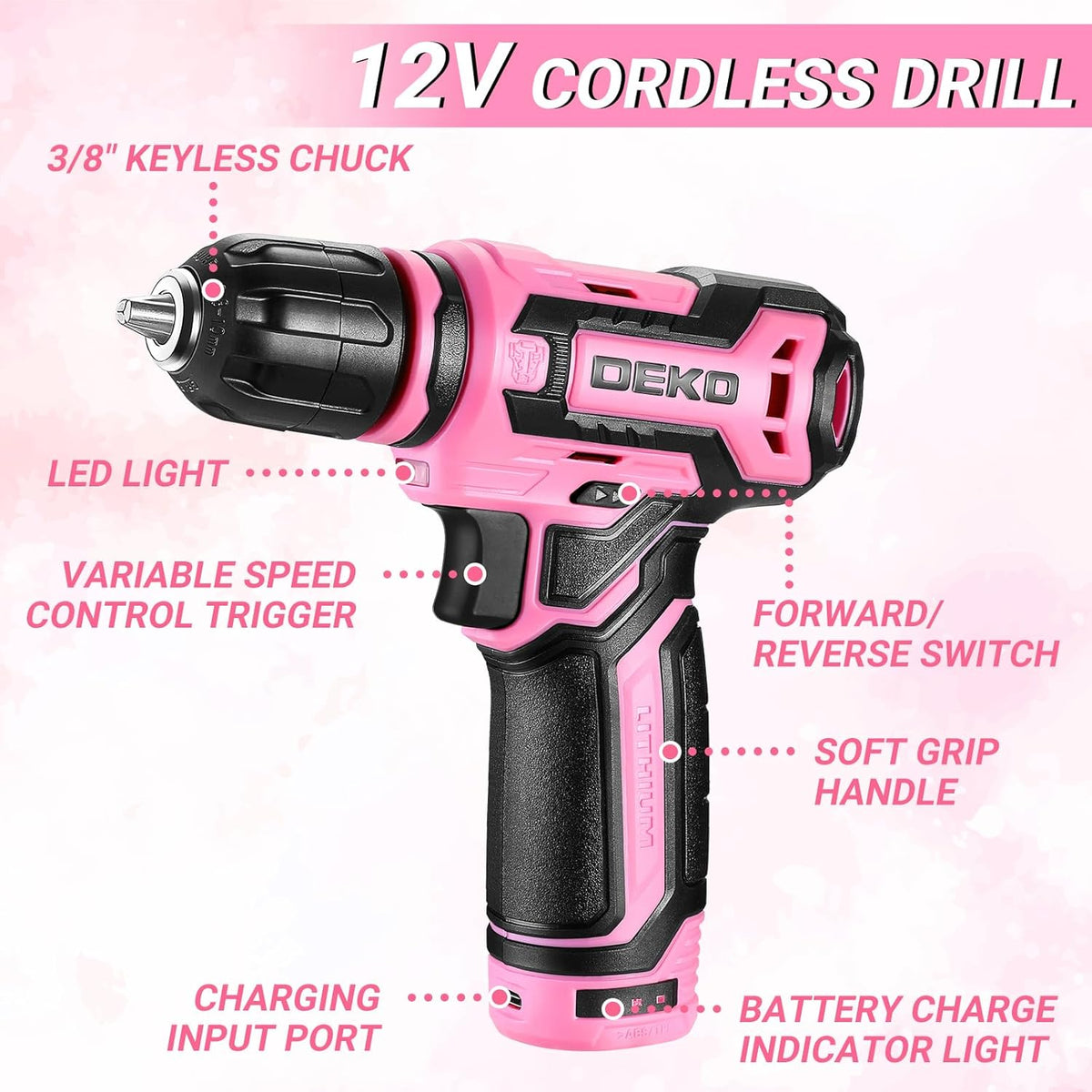 Pink Tool Kit Box Drill Set：DEKOPRO Home Mechanic Toolbox with 12V Power Cordless Drill Hand Repair Tools Sets Combo