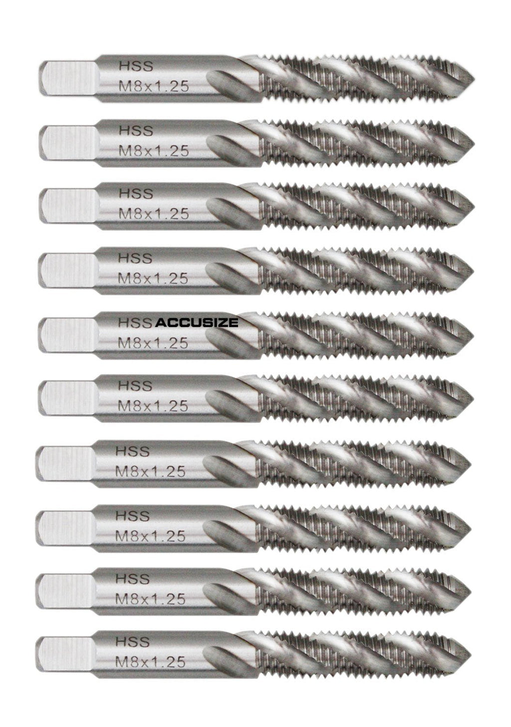 Accusize HSS Spiral Flute Tap Set, M8 x 1.25, 10 Pcs