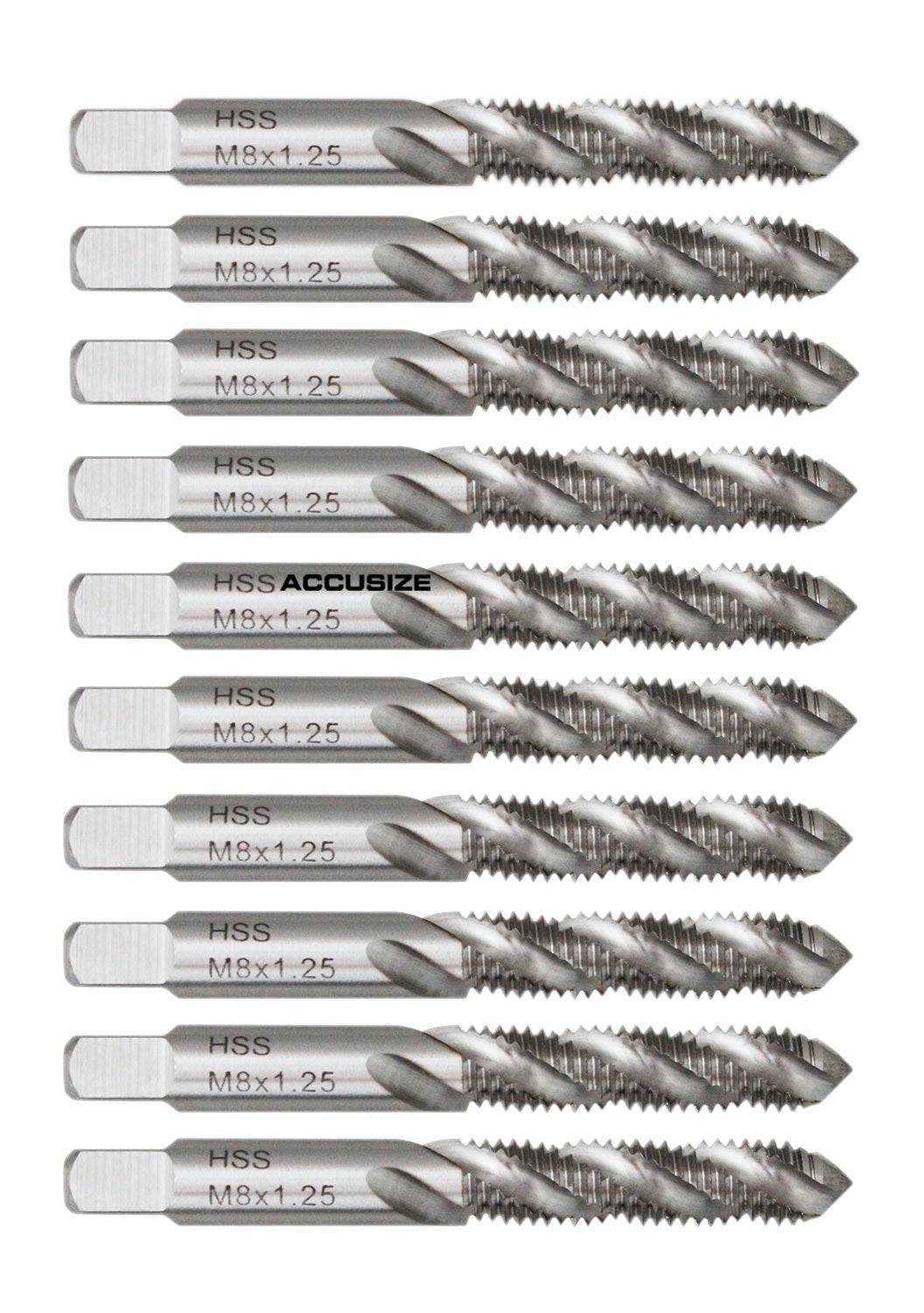 Accusize HSS Spiral Flute Tap Set, M8 x 1.25, 10 Pcs