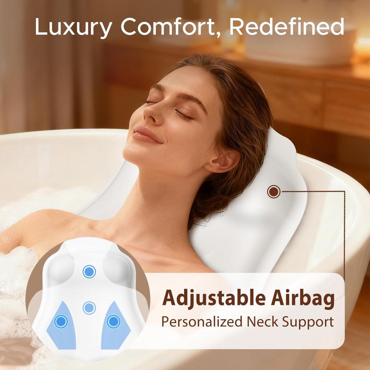 Bath Pillow for Tub, Adjustable Silicone Bathtub Pillows for Head and Neck, 0"–2.3" Neck Support, 34 Suction Cups