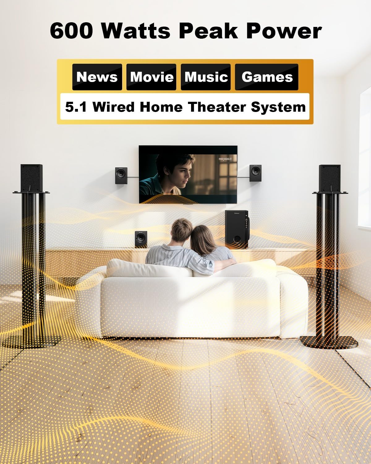 Home Theater Systems with 5.25 inch Subwoofer, 600 Watts Peak | 5.1 Wired Satellite Surround Sound Speakers, Deep