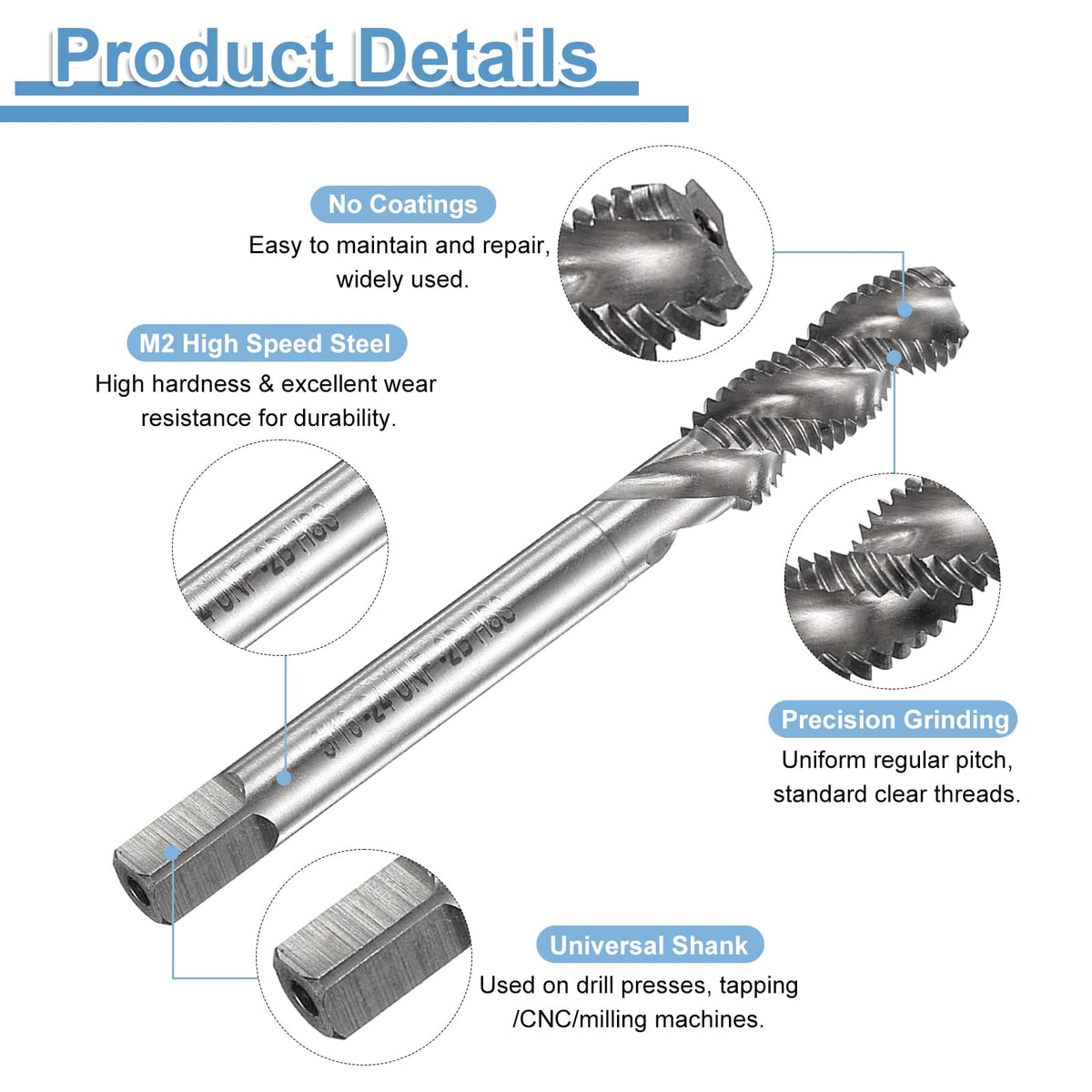 uxcell 3pcs Spiral Flute Thread Taps 5/16-24 UNF 2B Machine Threading Tap Bit, Uncoated Screw Tapping Repair Tool, M2 High-Speed Steel (HSS)
