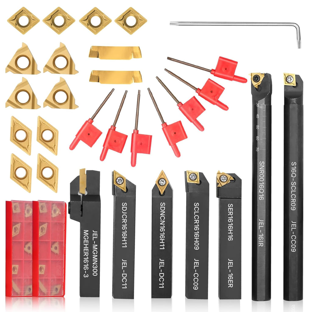 Indexable Lathe Turning Tool 21Pcs Kit 5/8'' 16mm Shank 7 Pcs Metal Lathe Tool Holder Set with 14 Pcs Turning Inserts for Turning Grooving Threading Boring Carbide Inserts Carbide Turning Tool