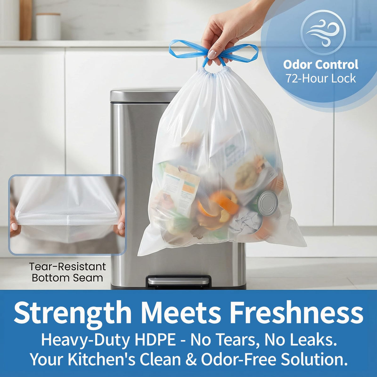 Medium 6 Gallon Trash Bags Drawstring,1.1 Mil,Unscented,150 Count
