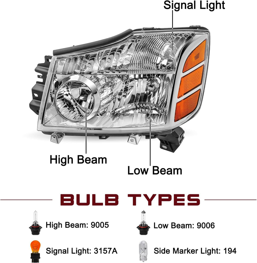 JSBOYAT Headlight Assembly Fit for 2004-2015 Nissan Titan / 05-07 Armada