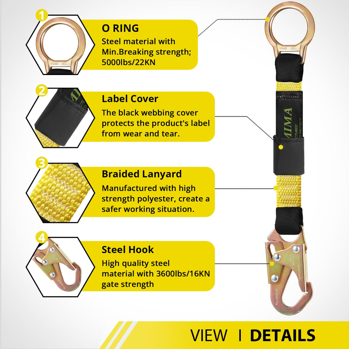 TRSMIMA Safety Harness Extension Lanyard - 18”D-ring Extender