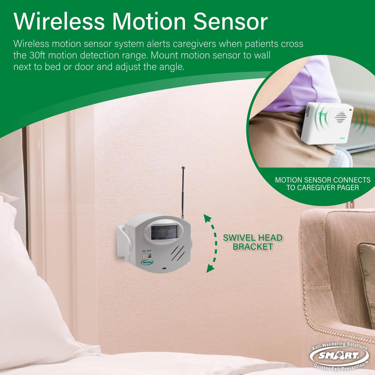 Smart Caregiver Wireless Motion Sensor Alarm System with Pager for Fall and Wandering Prevention | Mountable Motion