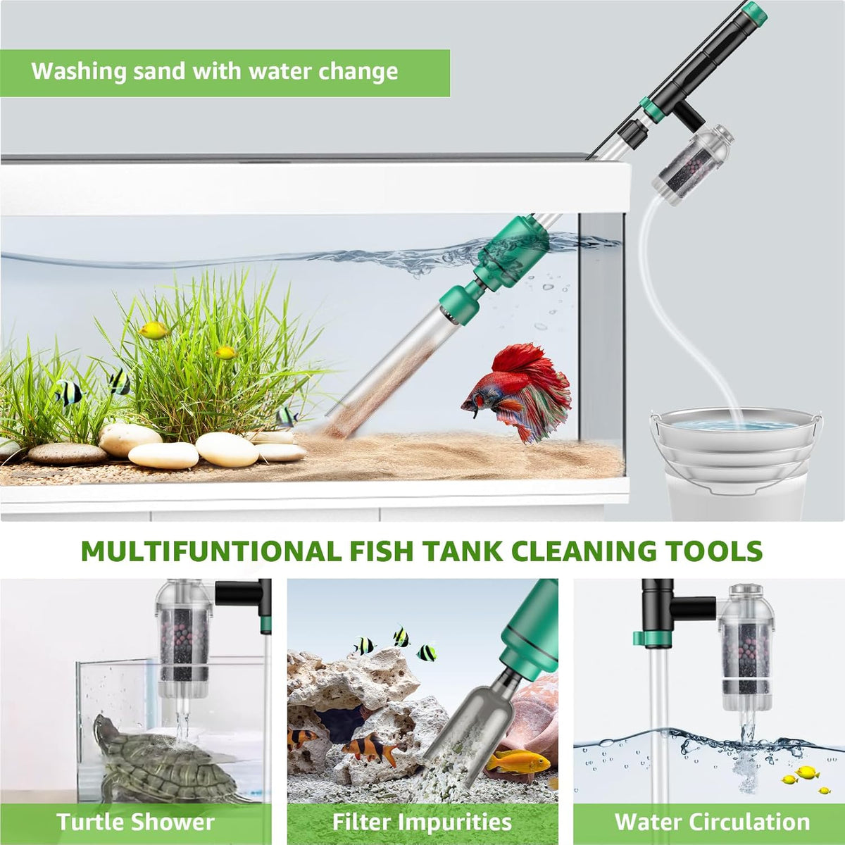 24W Aquarium Vacuum Gravel Cleaner: 8 in 1 Electric Fish Tank Cleaner