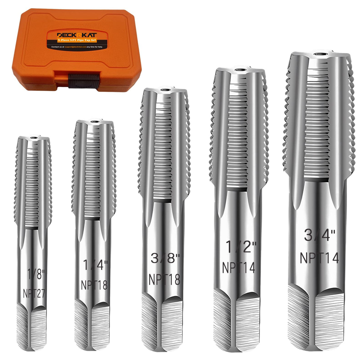 5-Piece NPT Pipe Tap Set, Precision Carbon Steel NPT Tap Set for Clean Accurate Threads, 3/4", 1/2", 3/8", 1/4", 1/8" NPT Tap, Perfect for Plumbers Mechanics DIYers, with Durable Plastic Case