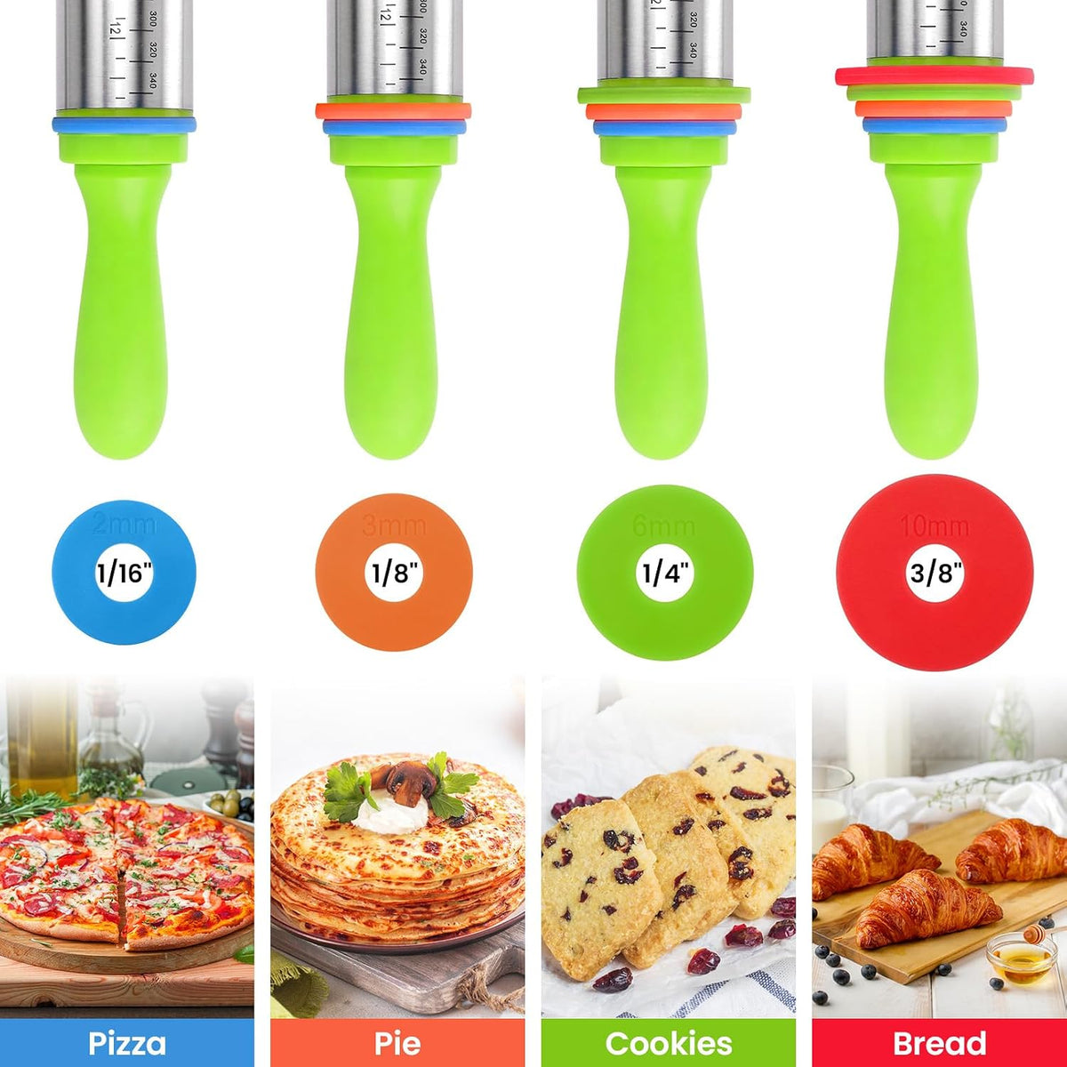 Stainless Steel Dough Roller Pins with Handle for Baking, Adjustable Rolling Pin with Thickness Rings for Cookie