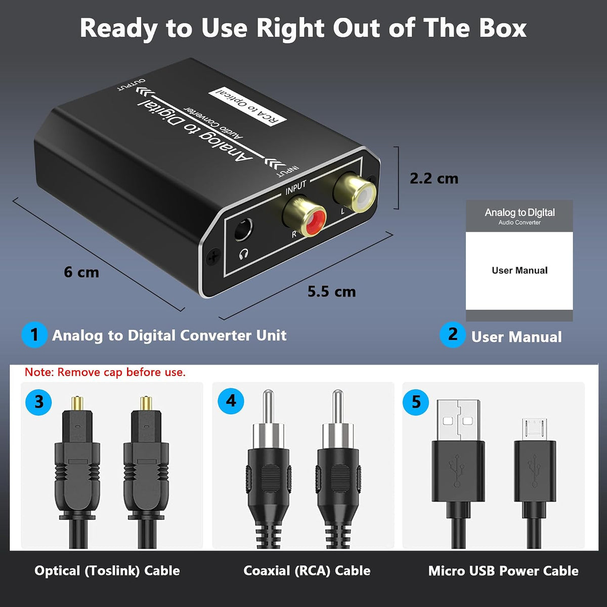 Analog to Digital Audio Converter, RCA to Optical Converter, RCA/3.5MM to Toslink and Coaxial Adapter, 48kHz/24bit