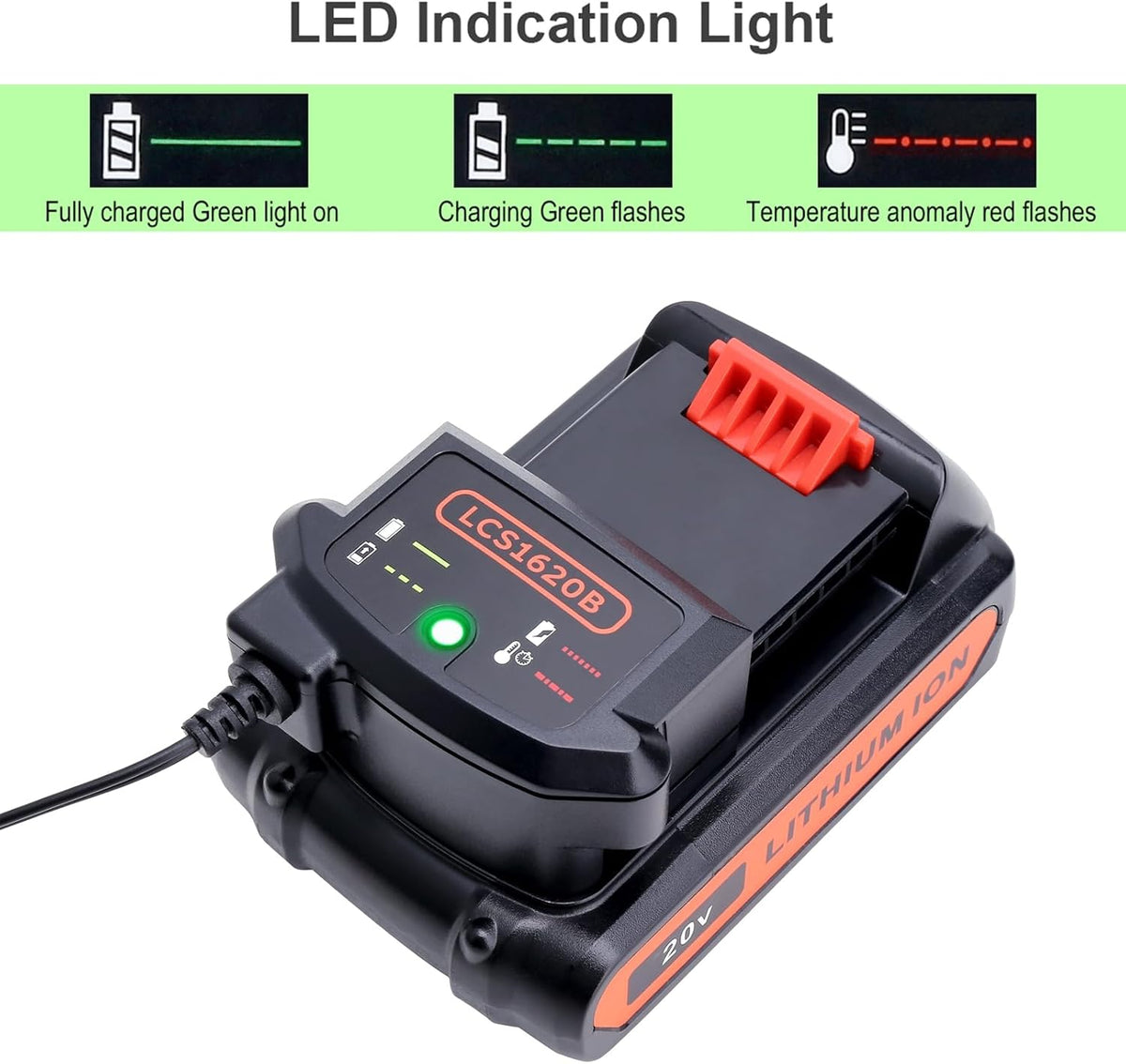 Lasica Compatible with Black and Decker 20V Lithium Battery Charger LCS1620B Compatible with Black & Decker 20 Volt Max Lithium Battery LBXR20 LBXR2020-OPE LB2X3020 LB2X4020 LBX4020 90590282 BDCAC202B
